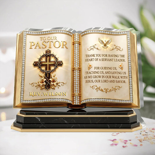 Personalized pastor appreciation gift plaque shaped like an open golden book with a cross and custom minister name