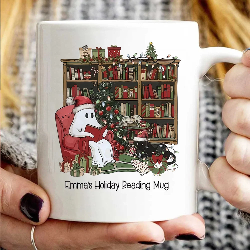 Custom Holiday Reading Mug - Personalized Christmas Ghost Book Lovers Ceramic Mug