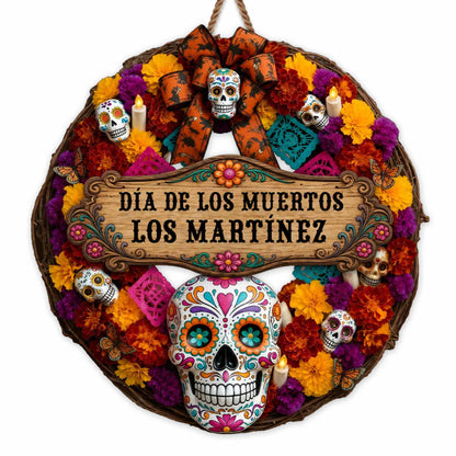 Día De Los Muertos Personalized Wood Sign - Custom Family Sugar Skull Wreath Decor