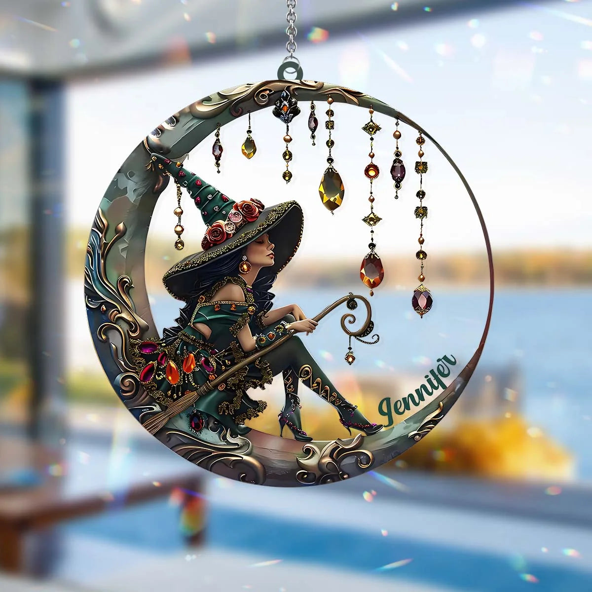 Celestial Crescent Moon Witch Personalized Suncatcher Ornament - Custom Halloween & Fall Home Decor for Best Friends