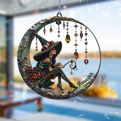Celestial Crescent Moon Witch Personalized Suncatcher Ornament - Custom Halloween & Fall Home Decor for Best Friends
