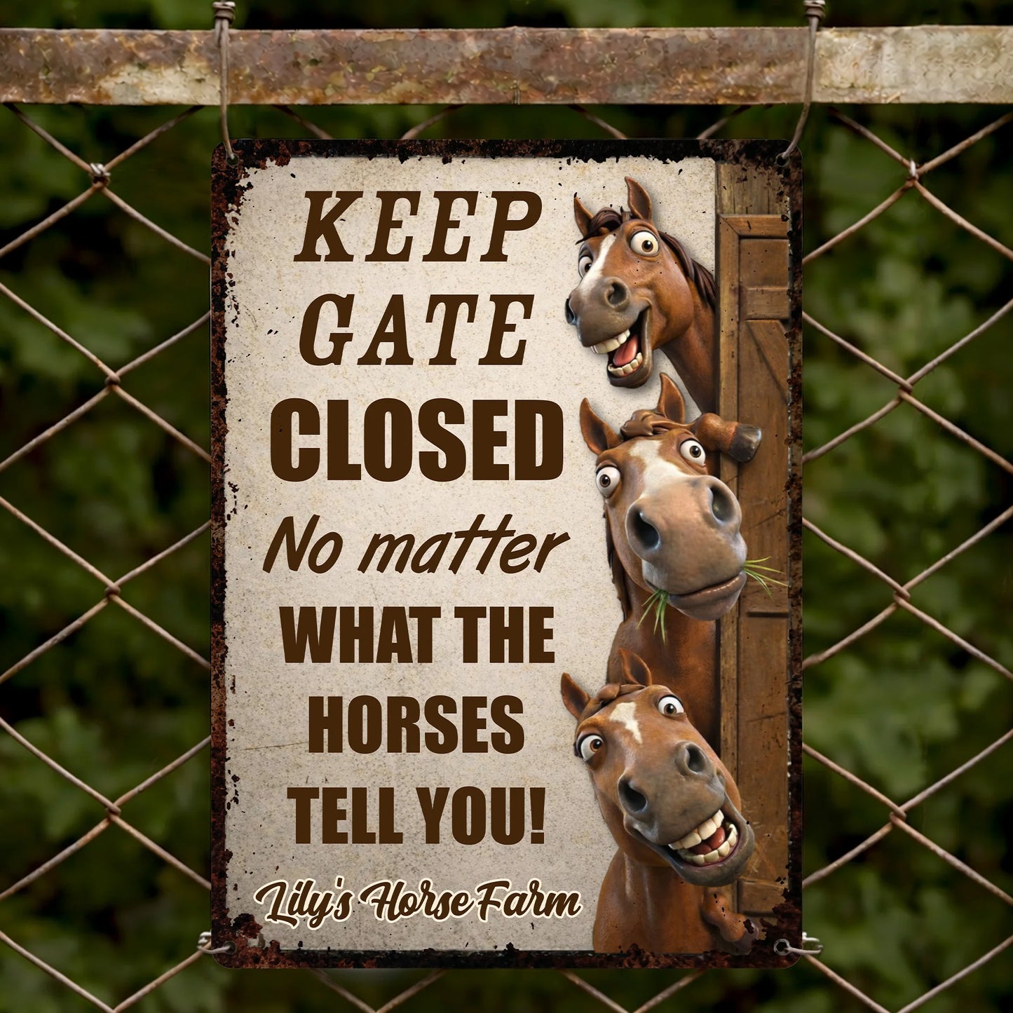 Metal Sign material and size view - Personalized Horse Farm Metal Sign
