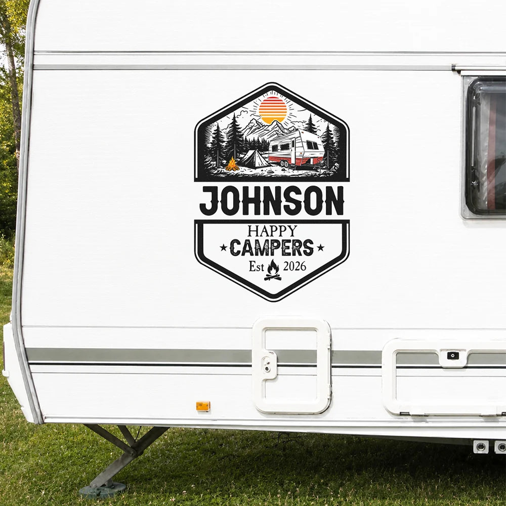 Happy Campers Personalized RV Decal Sticker - Custom Family Camper Graphic for Travel Trailer