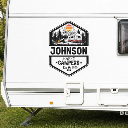 Happy Campers Personalized RV Decal Sticker - Custom Family Camper Graphic for Travel Trailer
