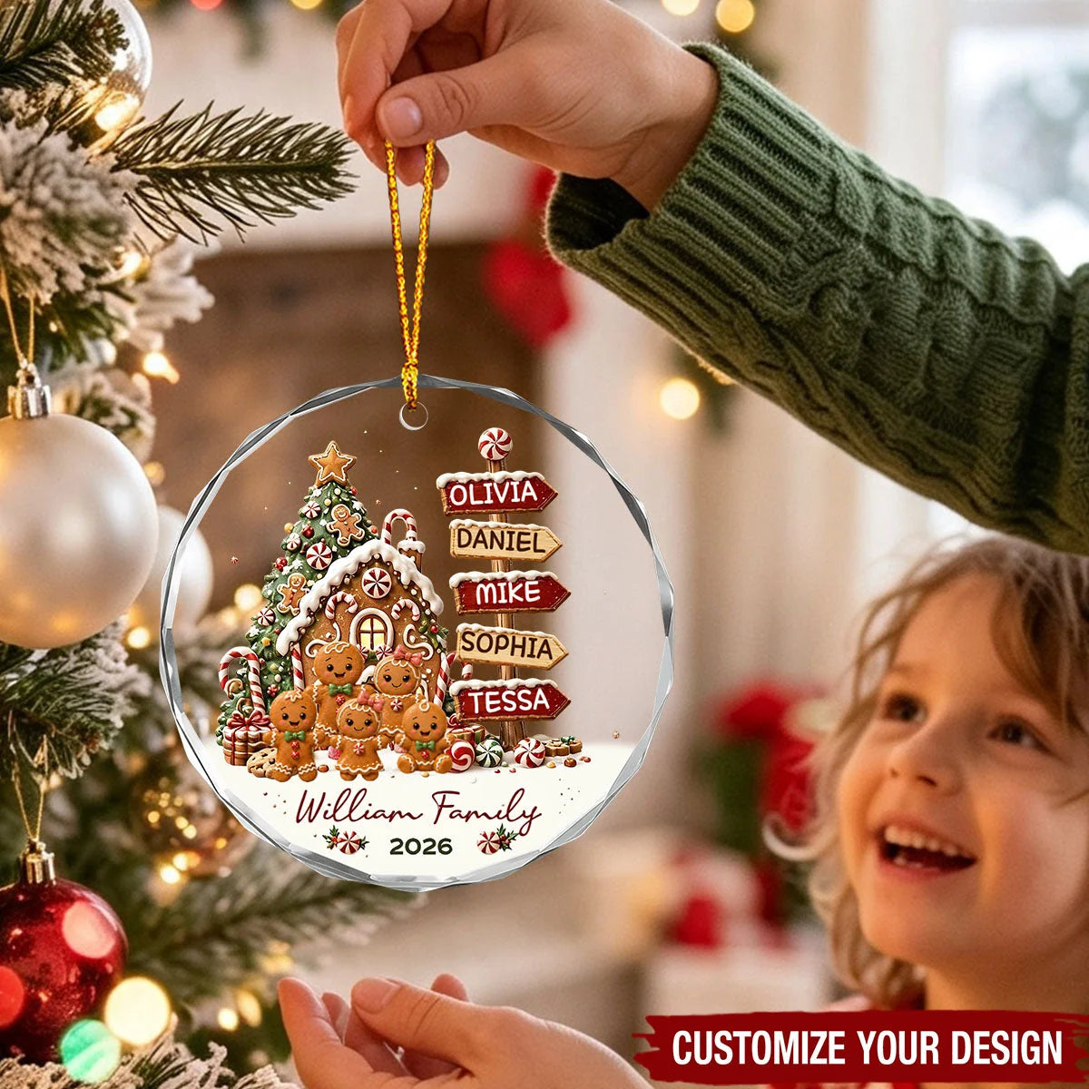 Custom Gingerbread Signpost Family Glass Ornament - Personalized Christmas Keepsake
