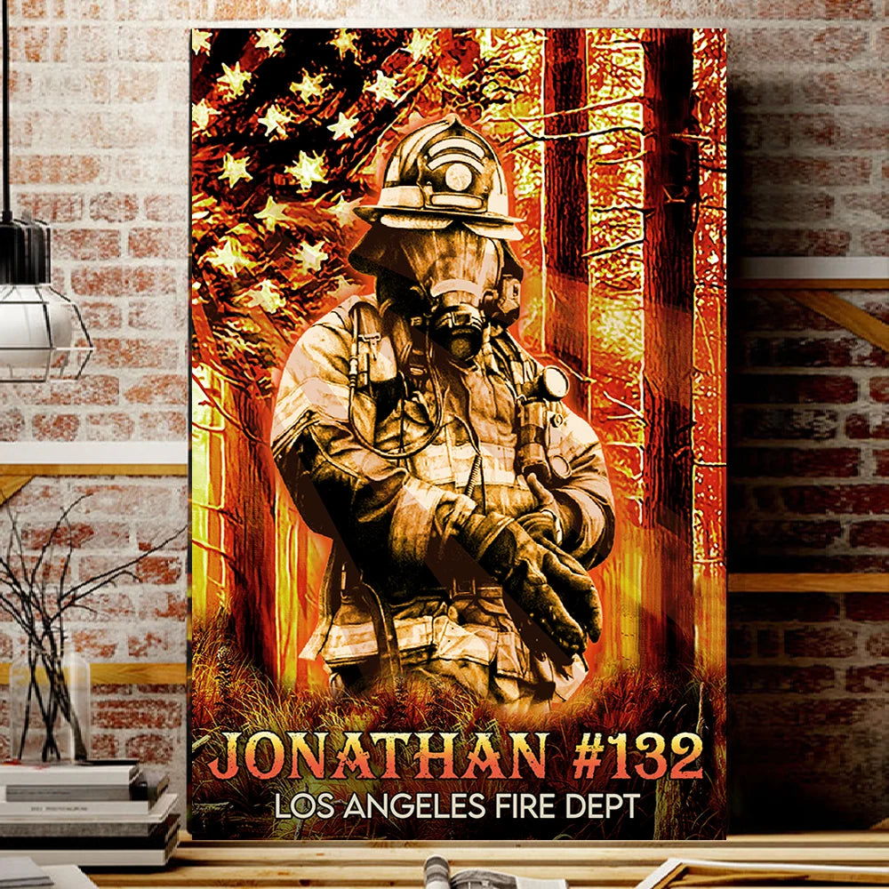 Custom Firefighter American Flag Canvas / Poster - Personalized Fireman Wall Art Gift