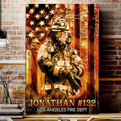Custom Firefighter American Flag Canvas / Poster - Personalized Fireman Wall Art Gift