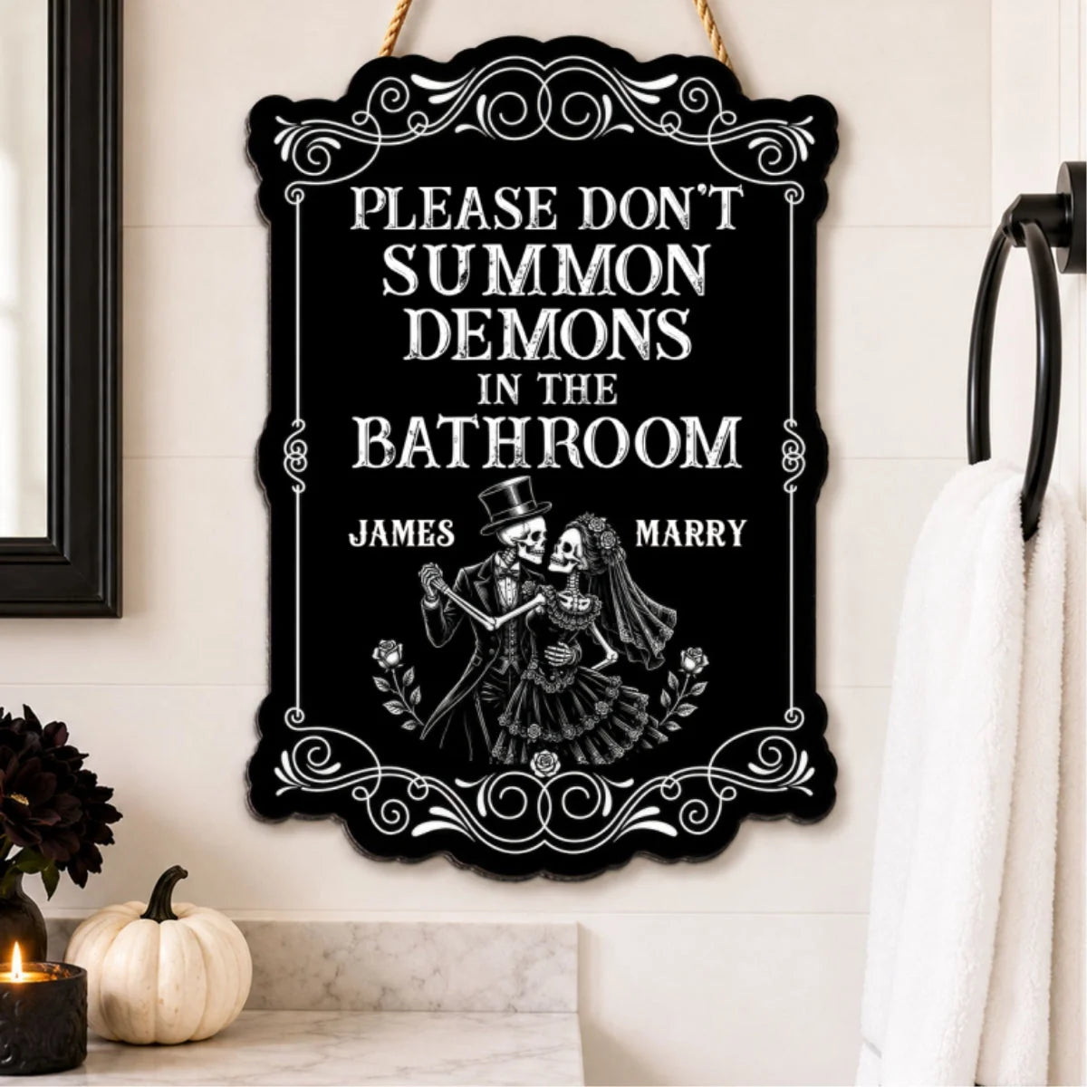 Please Don't Summon Demons In The Bathroom - Personalized Gothic Skeleton Couple Wood Sign for Halloween Decor