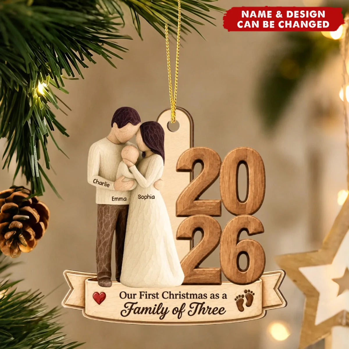 Our First Christmas as a Family of Three - Personalized Wooden Ornament for New Parents