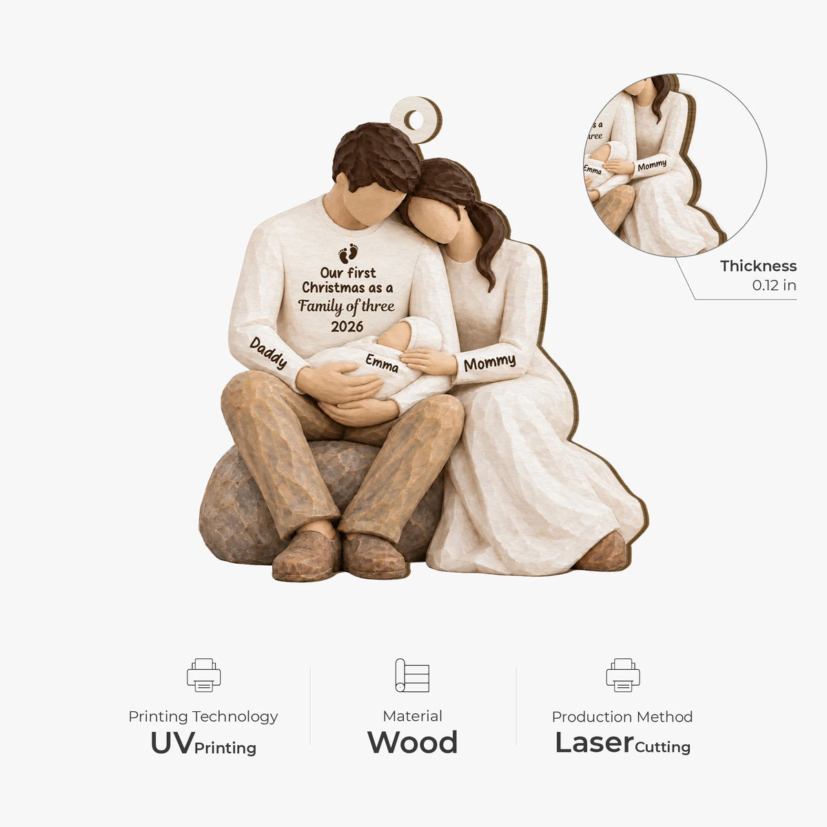 Our First Christmas as a Family of Three - Personalized Wood Ornament for New Parents