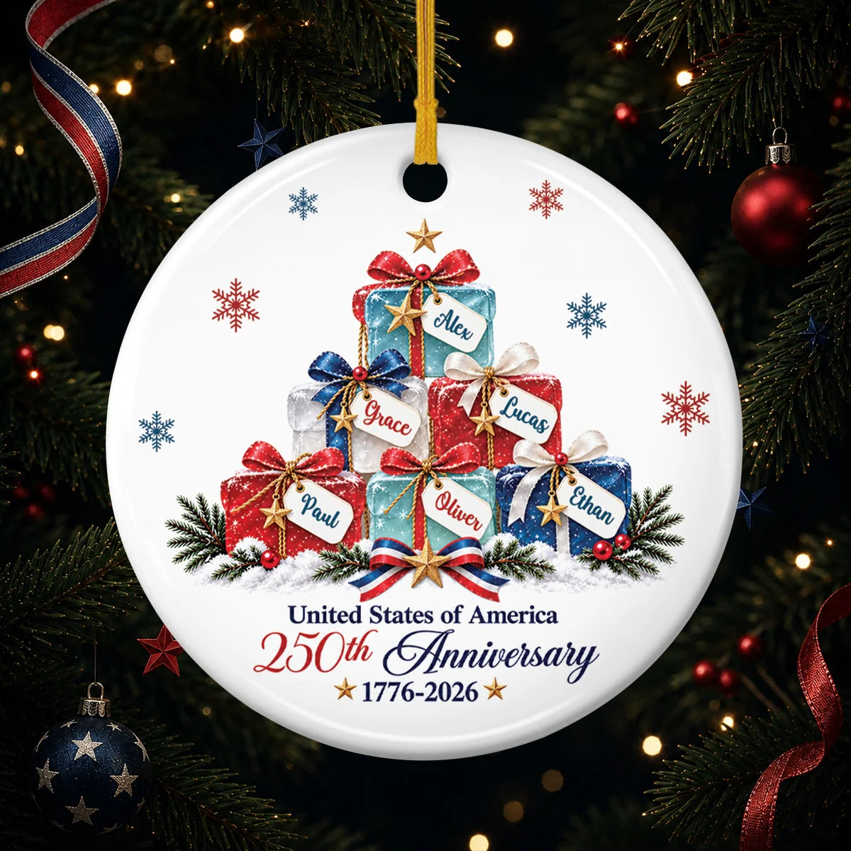 "United States of America 250th Anniversary" Custom Ceramic Ornament - Christmas Gift for Family