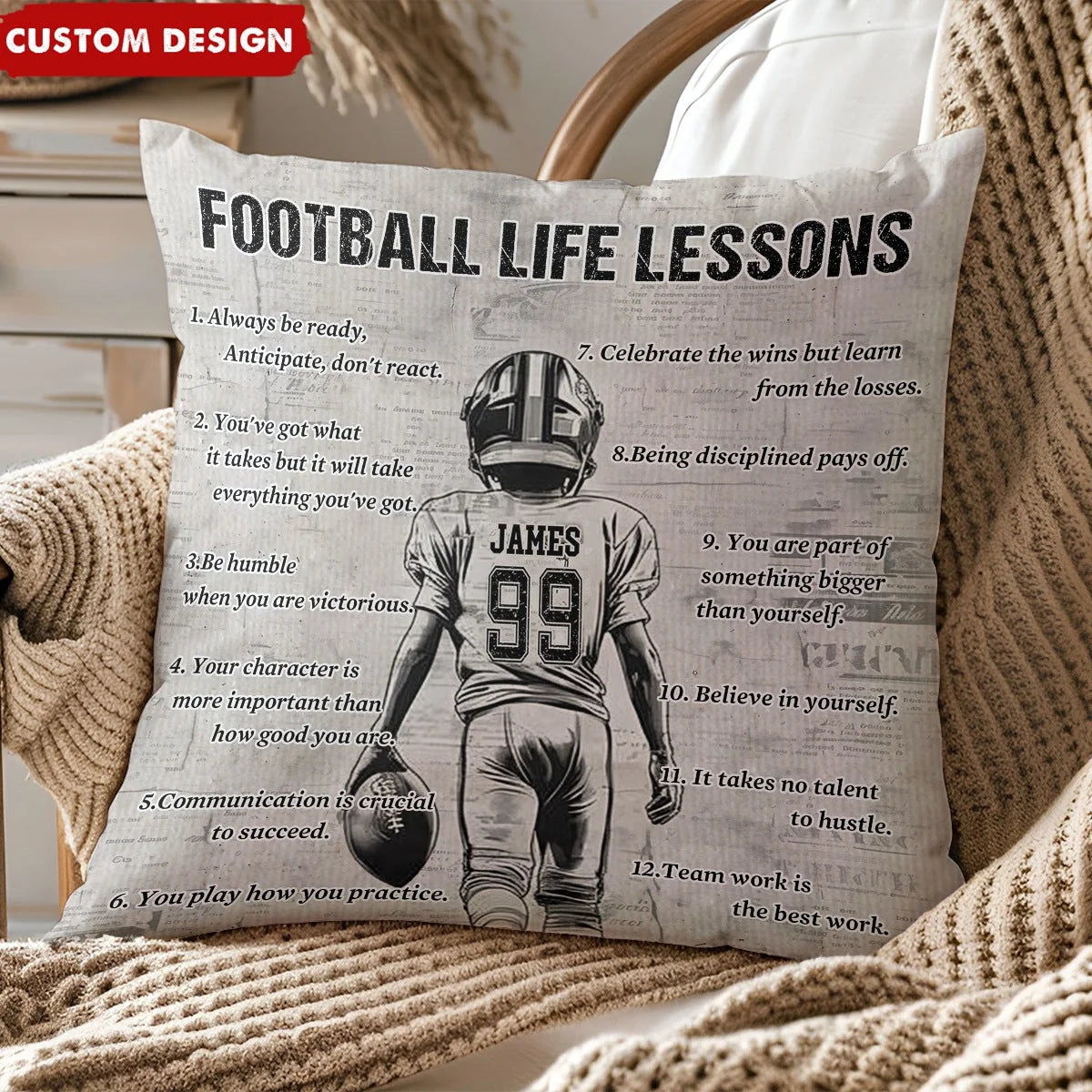 Football Life Lessons Personalized Pillow - Custom Name Number Throw Pillow Gift