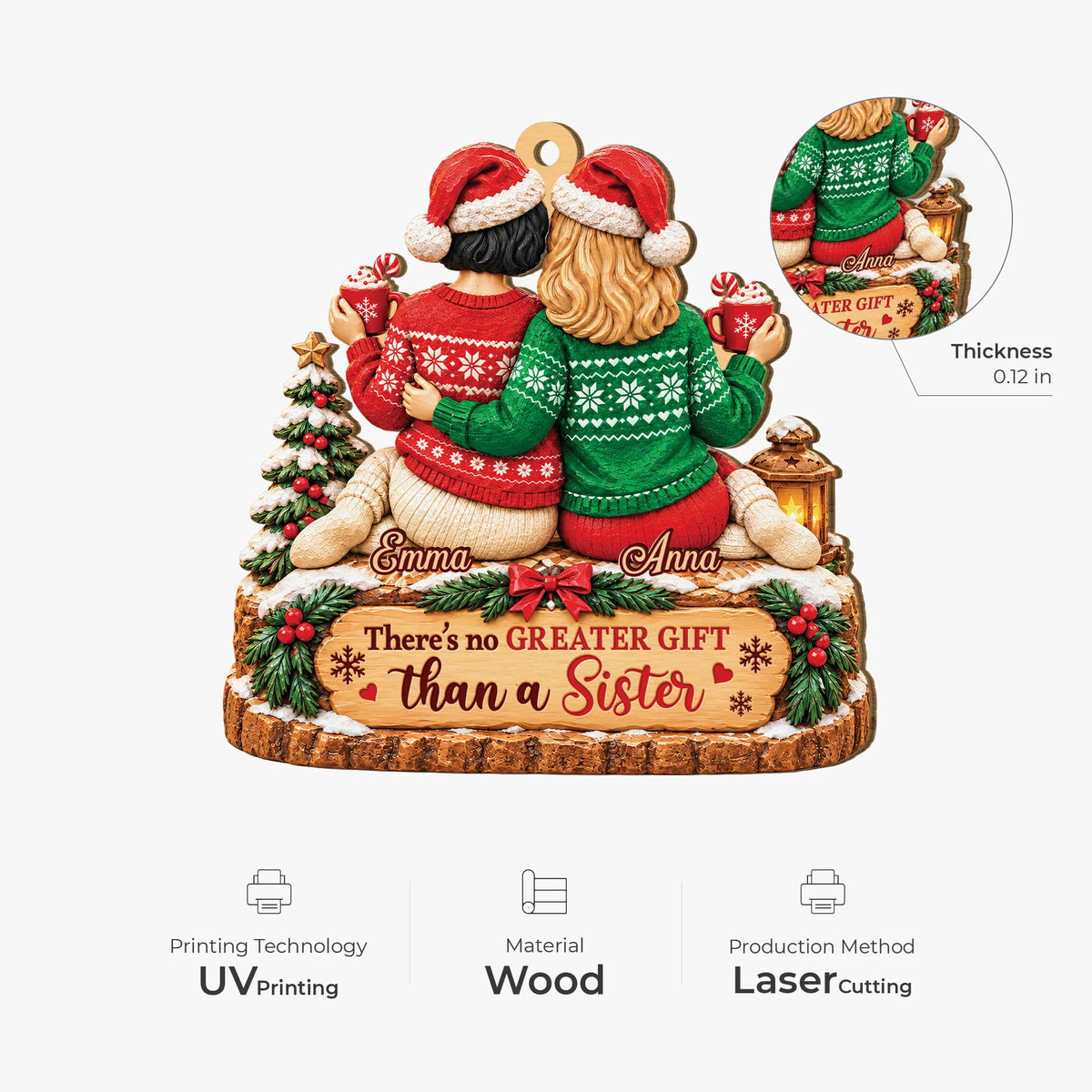 No Greater Gift Than a Sister Personalized Wooden Ornament - Holiday Gift for Sisters