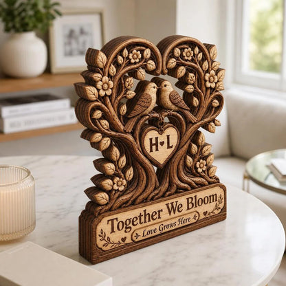"Together We Bloom Love Grows Here" Personalized Wooden Block - Custom Couple Initials Gift
