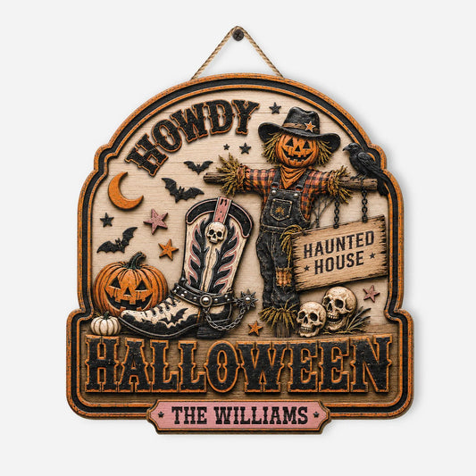 Howdy Halloween Western Scarecrow Boots Wood Sign - Personalized Halloween Sign for Family