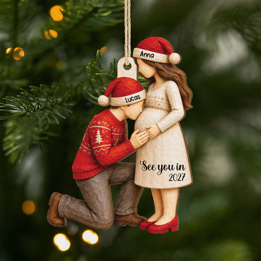 See You In Personalized Wooden Ornament - Expecting Parents Baby Bump Christmas Keepsake Gift