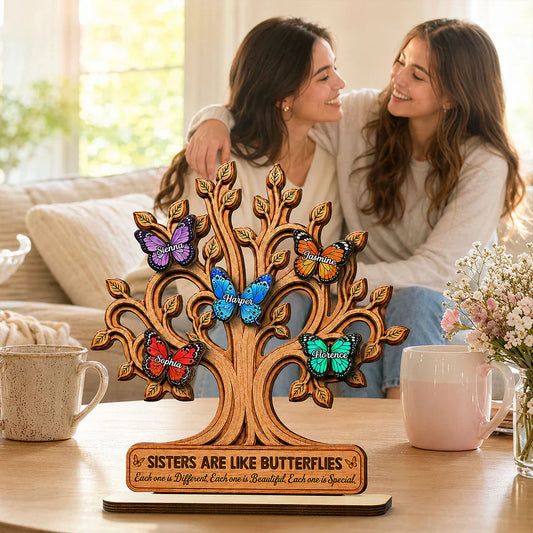 Personalized sister gift wood plaque featuring custom named butterflies on a tree with friendship quote