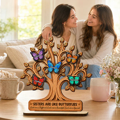 Personalized sister gift wood plaque featuring custom named butterflies on a tree with friendship quote