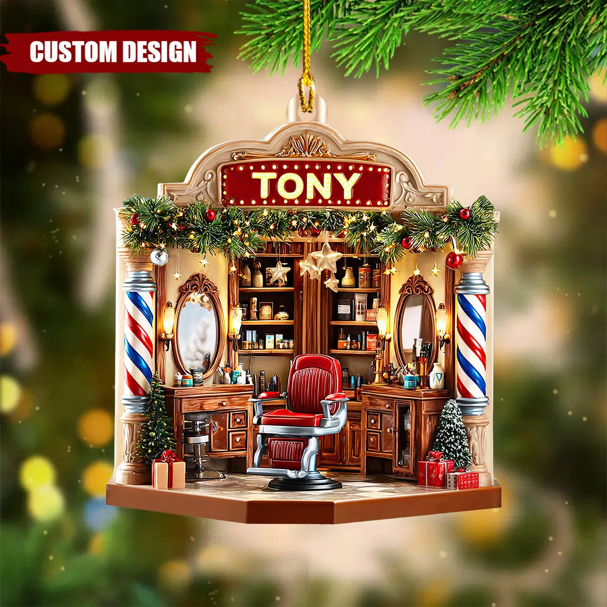 Personalized Barber Shop Christmas Ornament - Custom Name Wooden Gift for Barbers