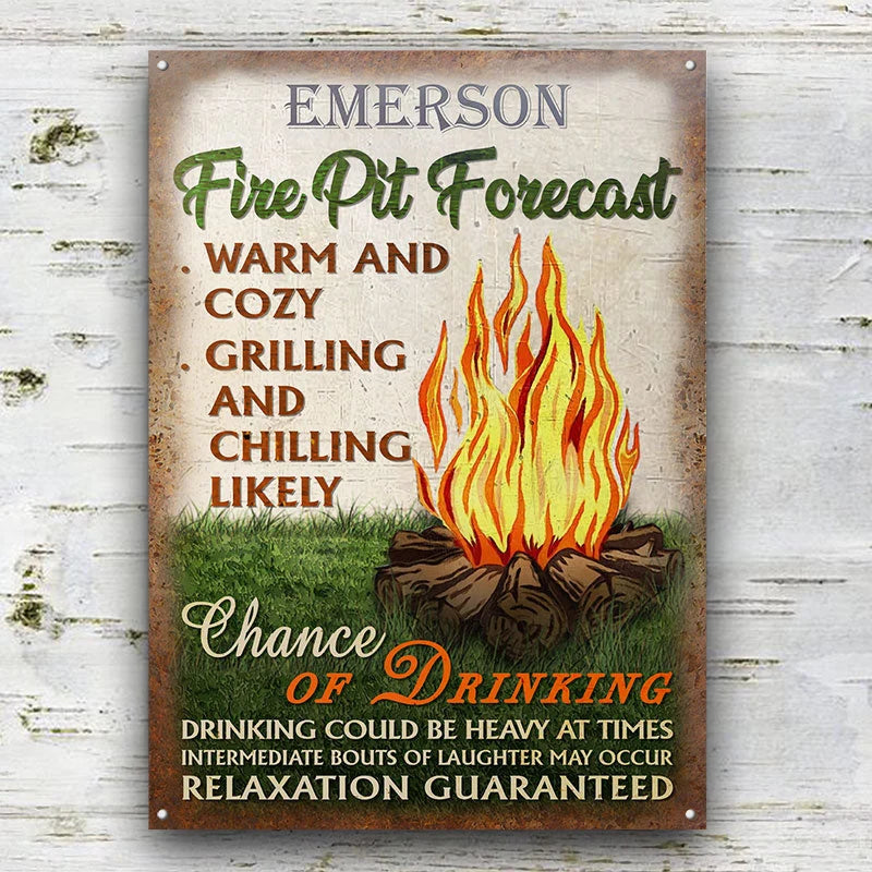 "Fire Pit Forecast" Personalized Metal Sign - Custom Outdoor Backyard & Campfire Decor Gift