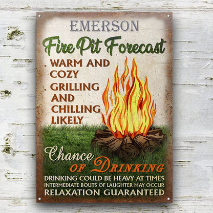 "Fire Pit Forecast" Personalized Metal Sign - Custom Outdoor Backyard & Campfire Decor Gift