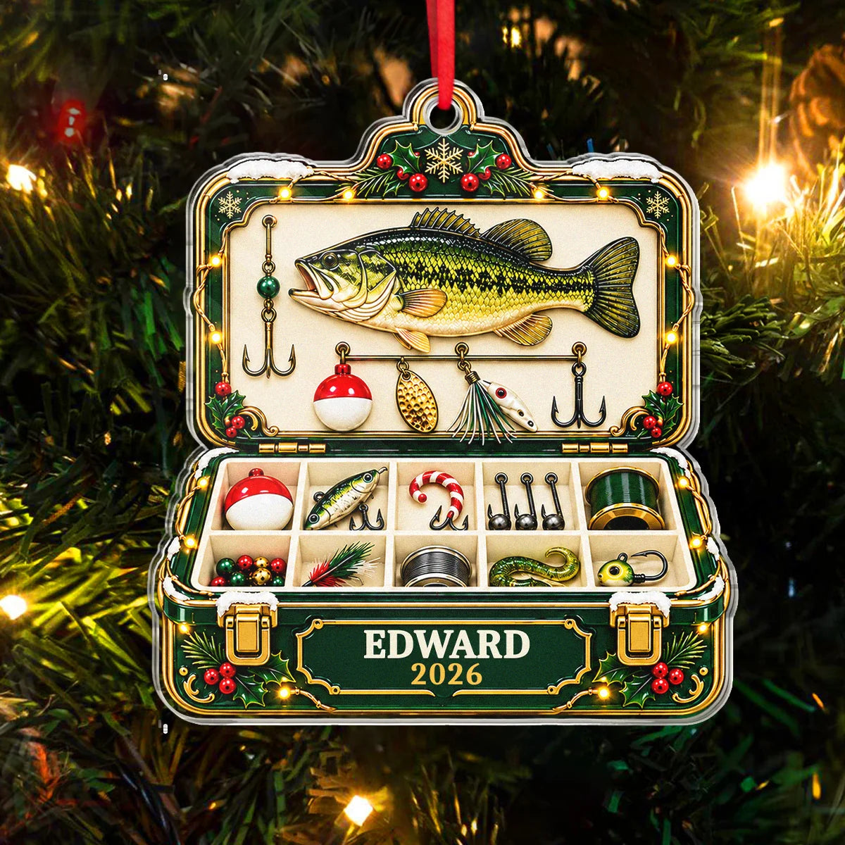 Tackle Box Keepsake Personalized Fishing Acrylic Ornament - Custom Gift for Dad Husband Grandpa