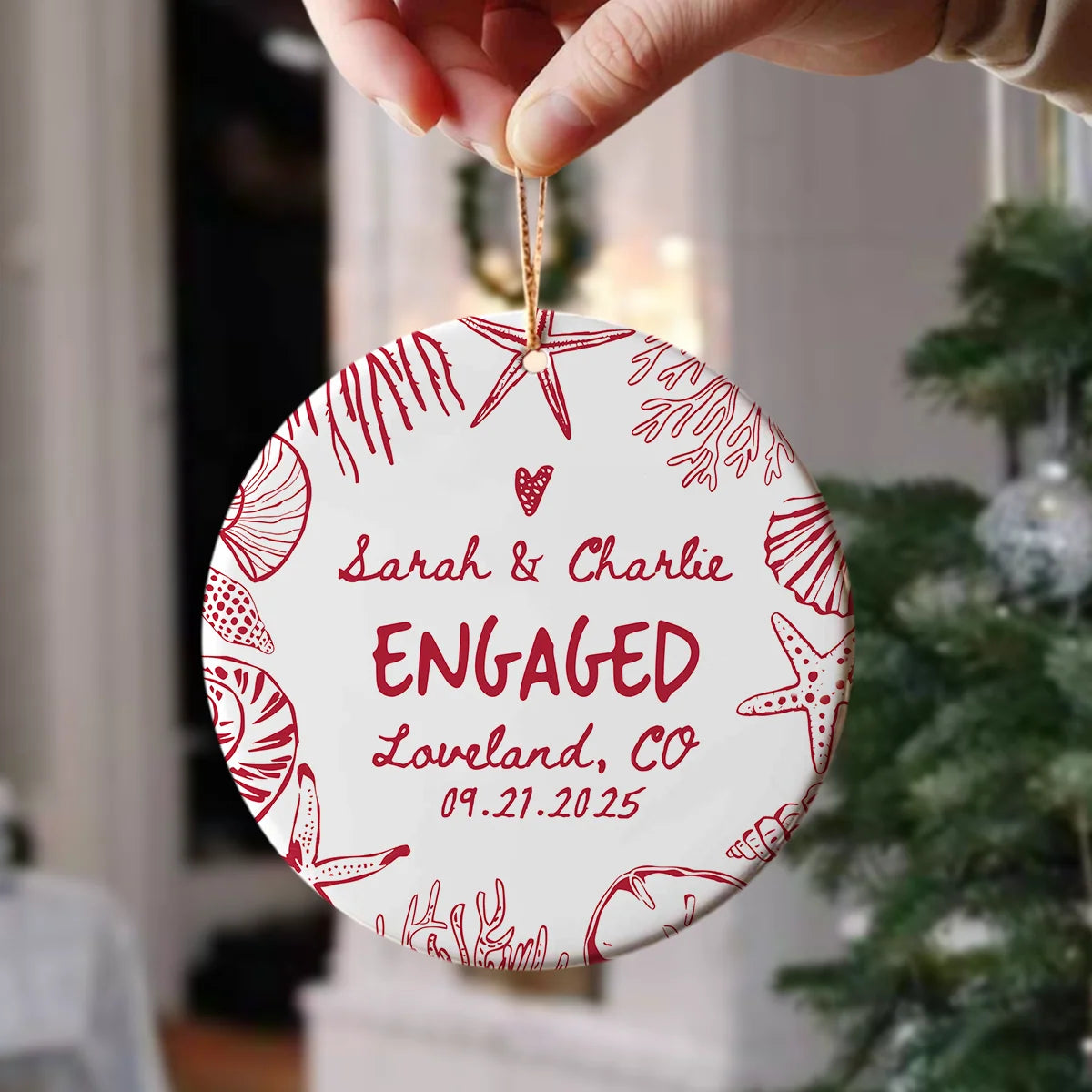 Personalized Engaged Coastal Ceramic Ornament - Custom Beach Wedding Keepsake Gift for Couples