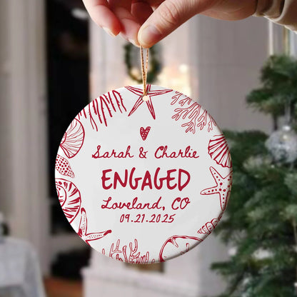 Personalized Engaged Coastal Ceramic Ornament - Custom Beach Wedding Keepsake Gift for Couples