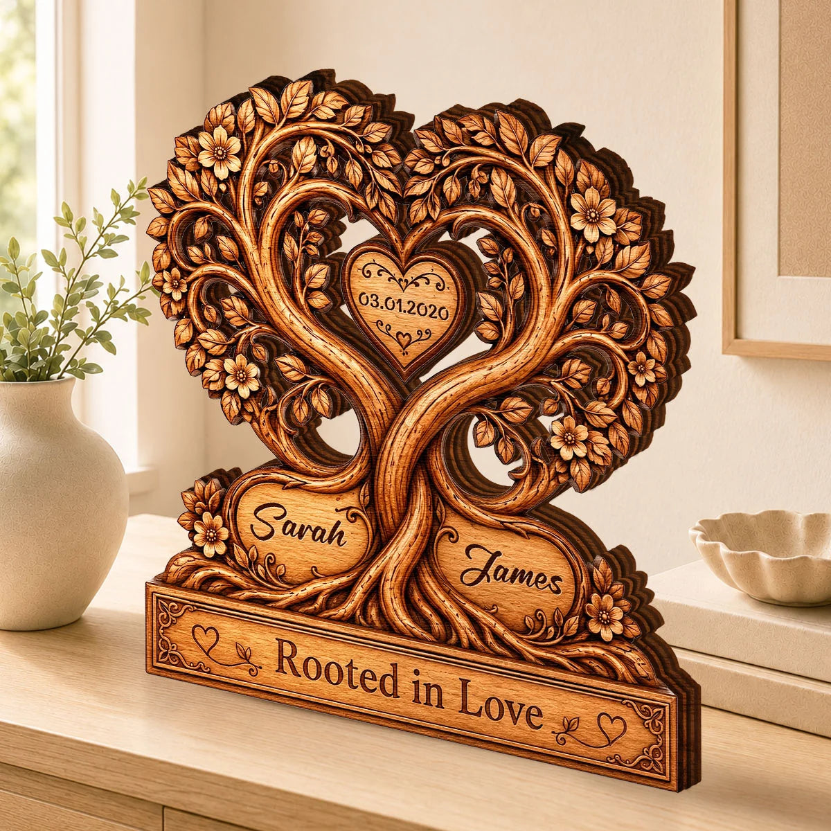 Rooted In Love Heart Tree Personalized Couple Wooden Block - Custom Anniversary Gift