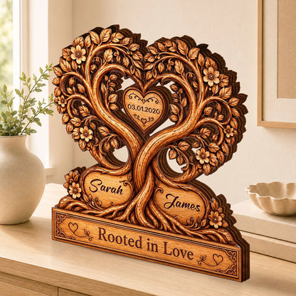Rooted In Love Heart Tree Personalized Couple Wooden Block - Custom Anniversary Gift