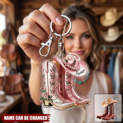 Personalized Western Boot Acrylic Keychain - Custom Cowboy Boots Hat Name Gift
