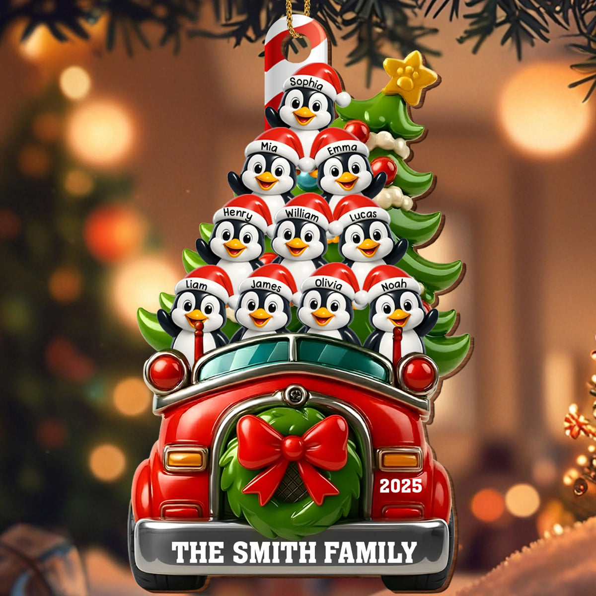 Festive Penguin Car Personalized Christmas Wood Ornament - Family Holiday Keepsake Gift