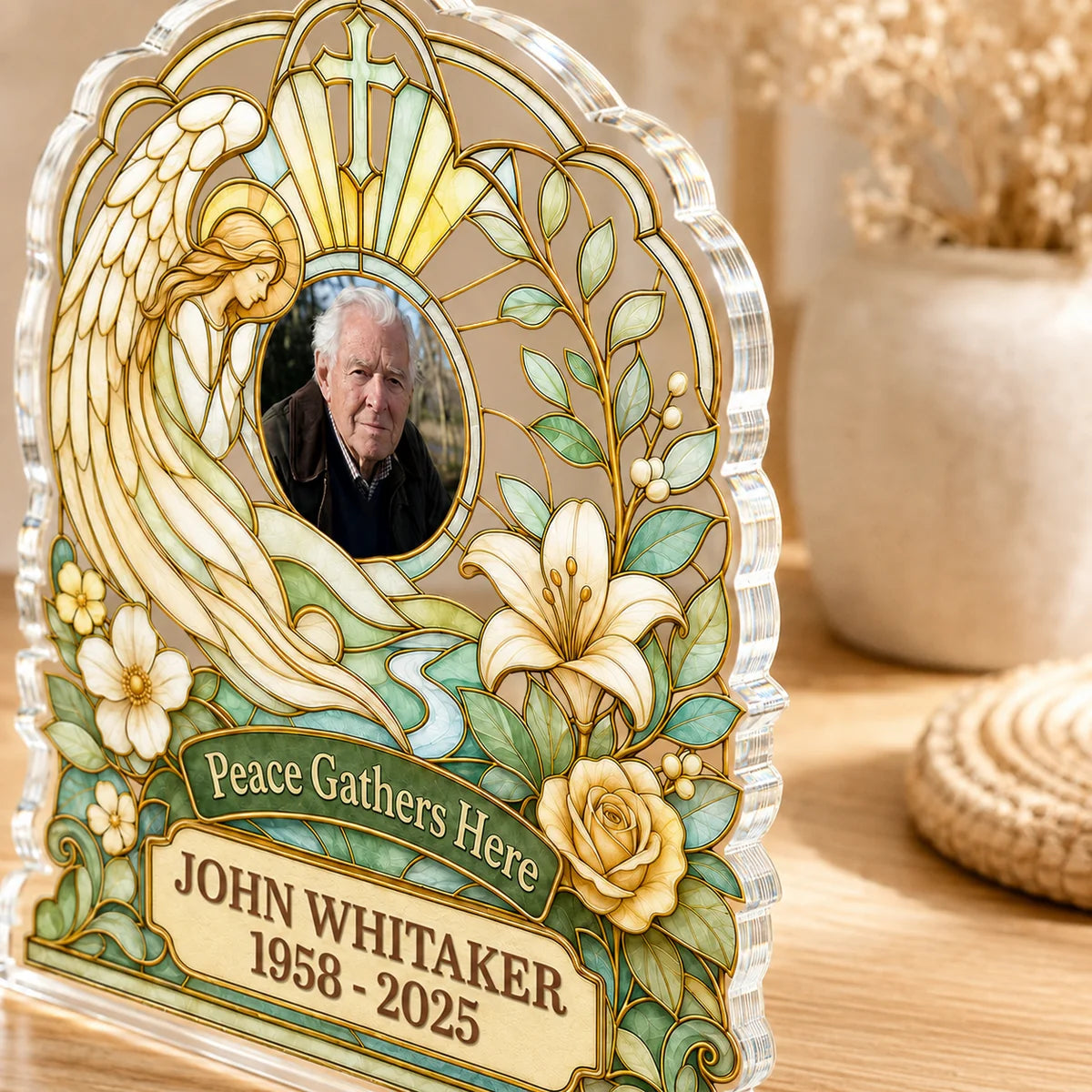 Peace Gathers Here Custom Memorial Plaque - Personalized Acrylic Angel Keepsake for Family
