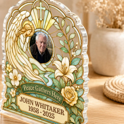 Peace Gathers Here Custom Memorial Plaque - Personalized Acrylic Angel Keepsake for Family