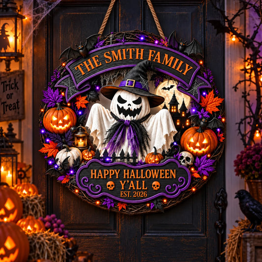Happy Halloween Y'all Personalized Wood Sign - Custom Ghost Wreath Decor for Family