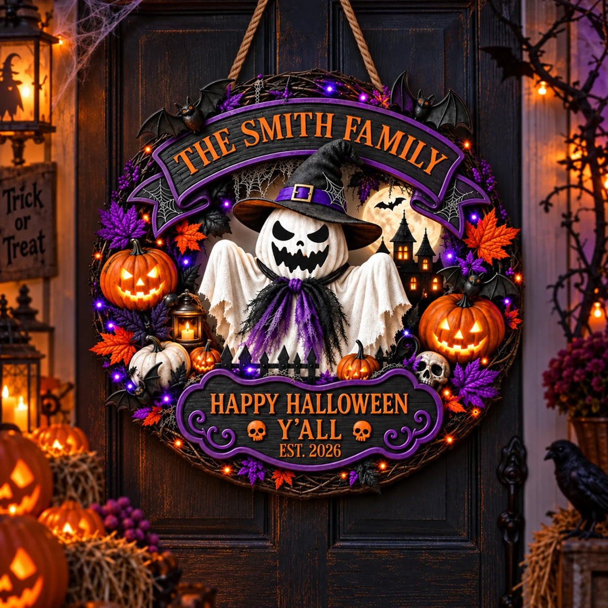 Happy Halloween Y'all Personalized Wood Sign - Custom Ghost Wreath Decor for Family
