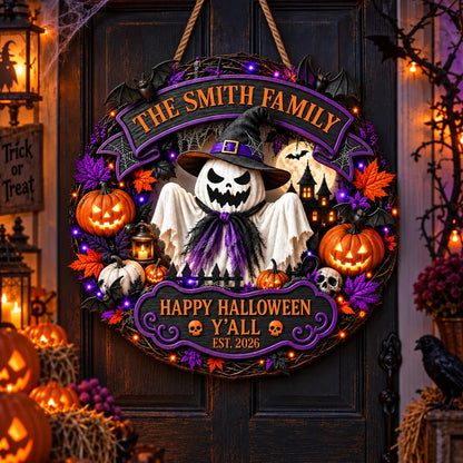 Happy Halloween Y'all Personalized Wood Sign - Custom Ghost Wreath Decor for Family