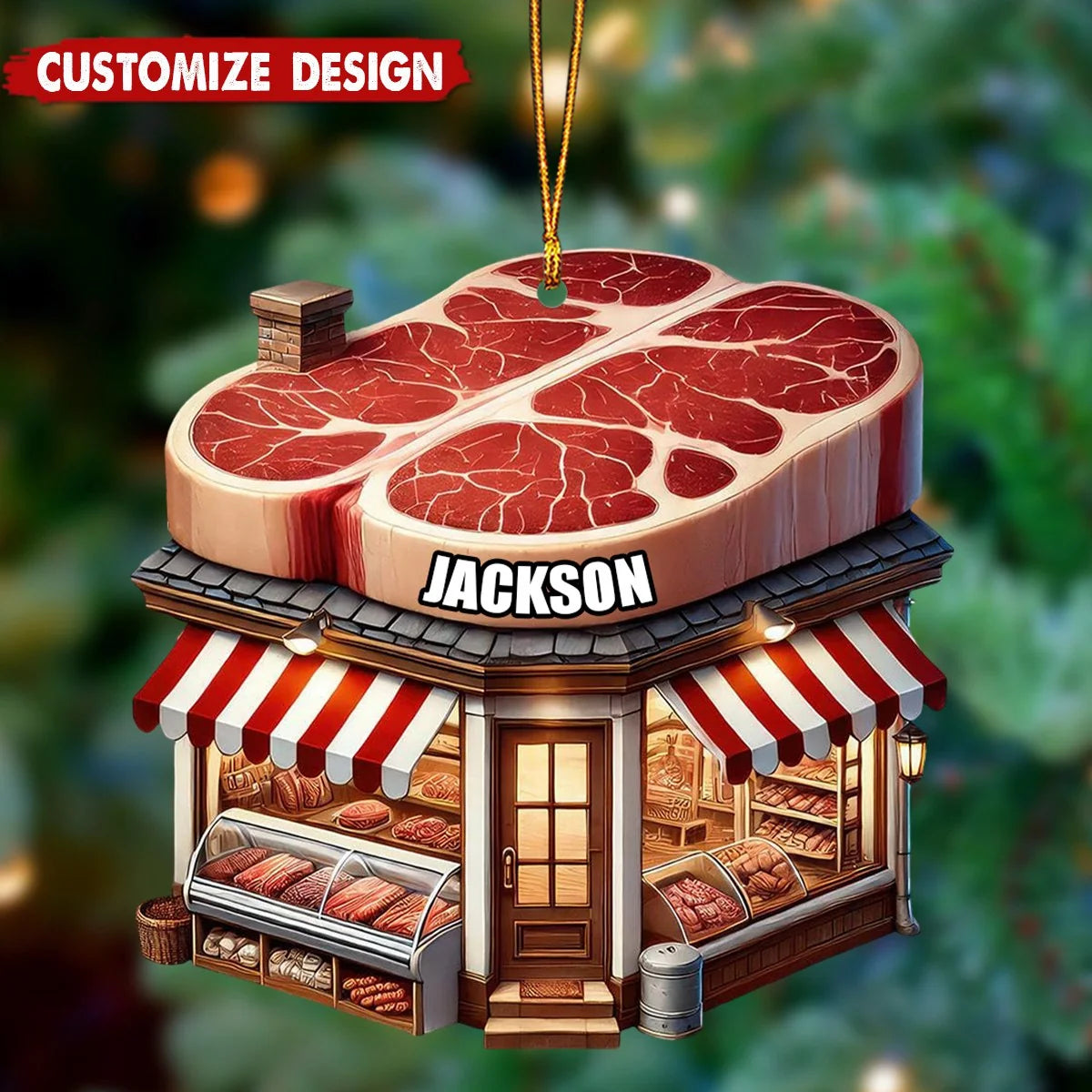 Personalized Butcher Shop Christmas Wooden Ornament - Custom Name Holiday Keepsake for Meat Lovers