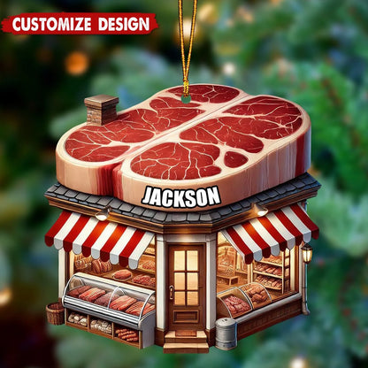 Personalized Butcher Shop Christmas Wooden Ornament - Custom Name Holiday Keepsake for Meat Lovers