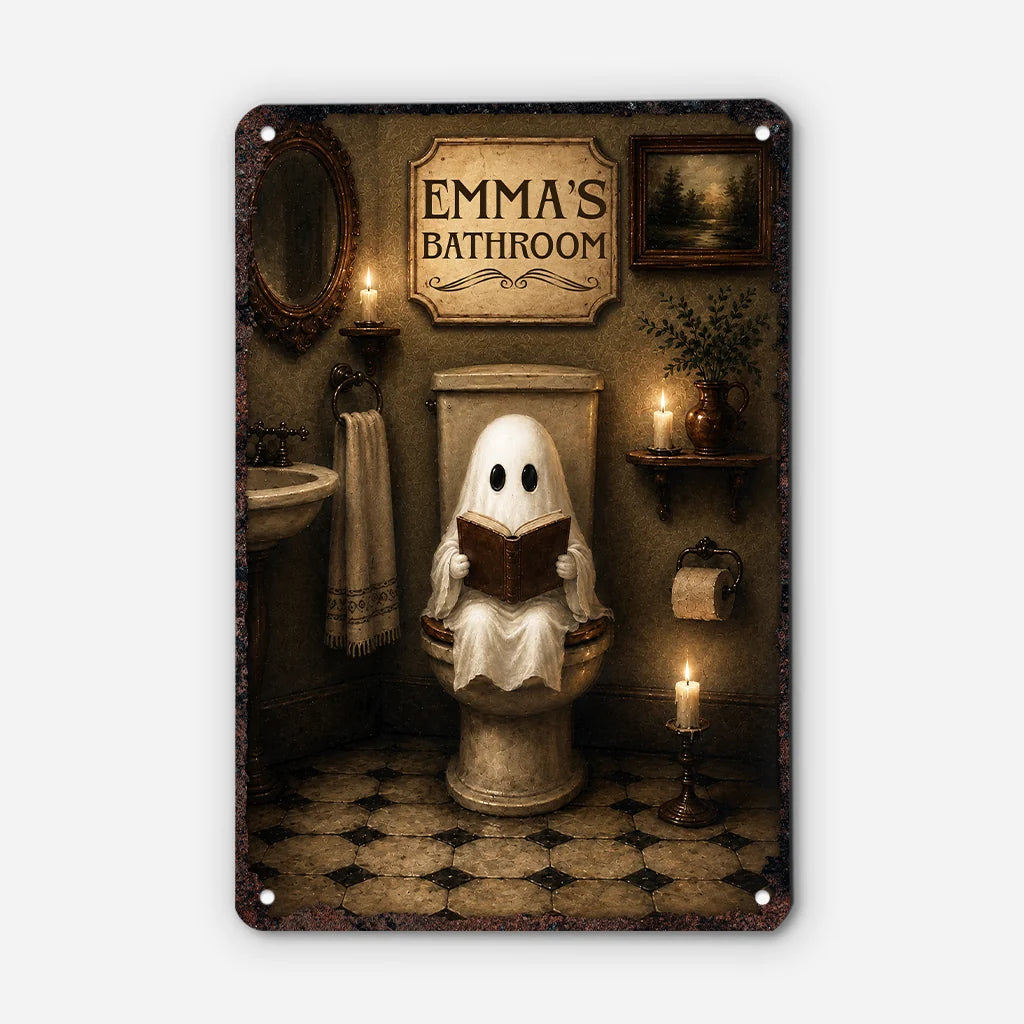 Custom Ghost Reading Book Metal Sign - Personalized Bathroom Decor Halloween Gift