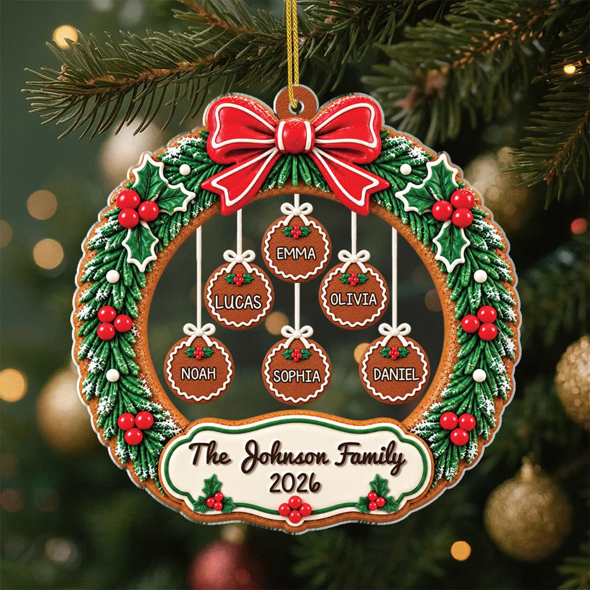 3D Effect Gingerbread Wreath - Personalized Family Acrylic Ornament for Christmas Tree