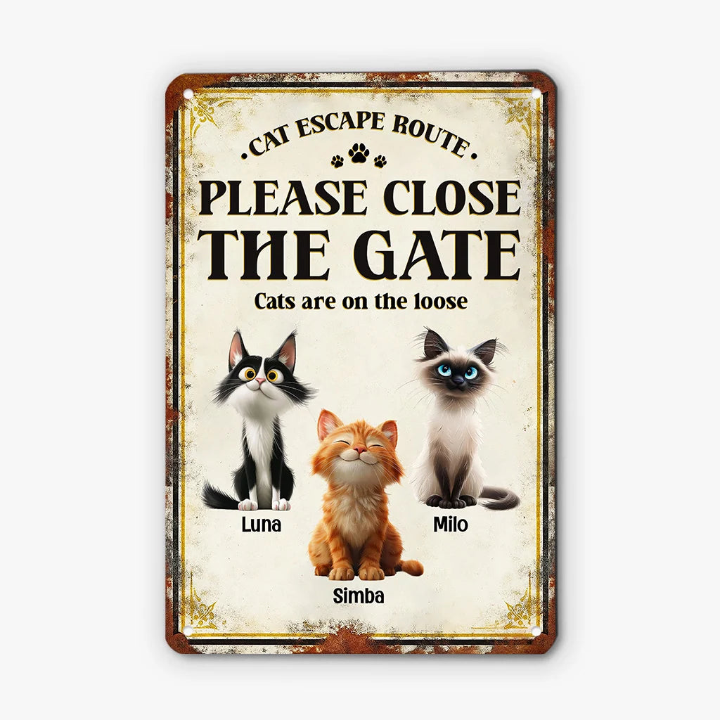 "Please Close The Gate Cats On the Loose" Personalized Metal Sign - Custom Pet Yard Plaque for Cat Lovers