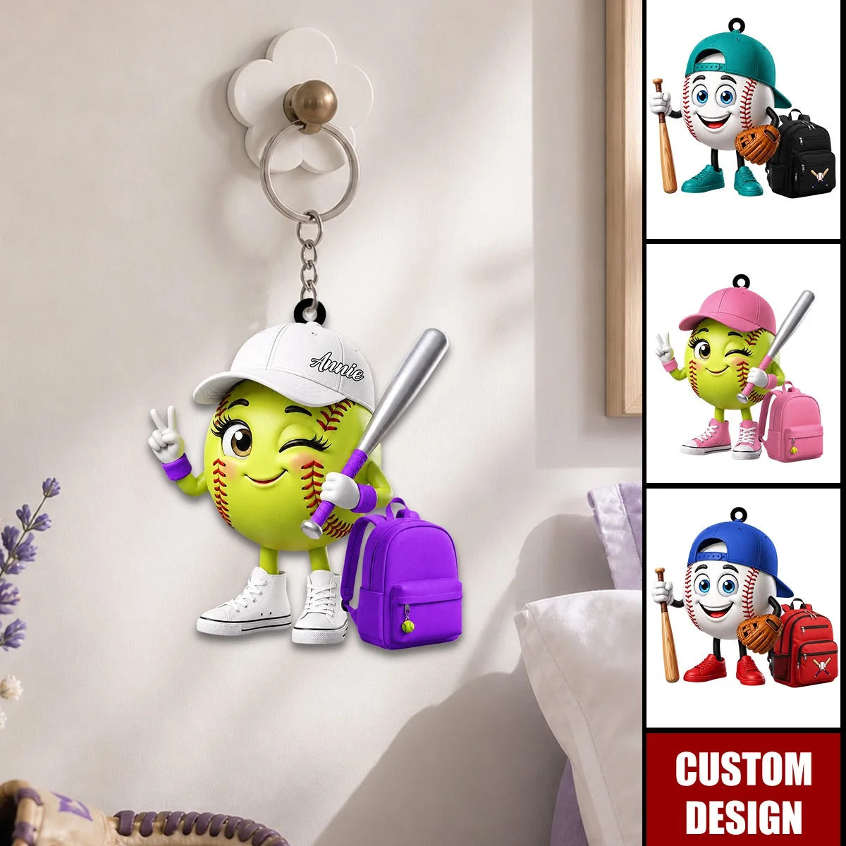 Personalized Baseball & Softball Mascot Acrylic Keychain - Custom Name Gift for Youth Sports Players