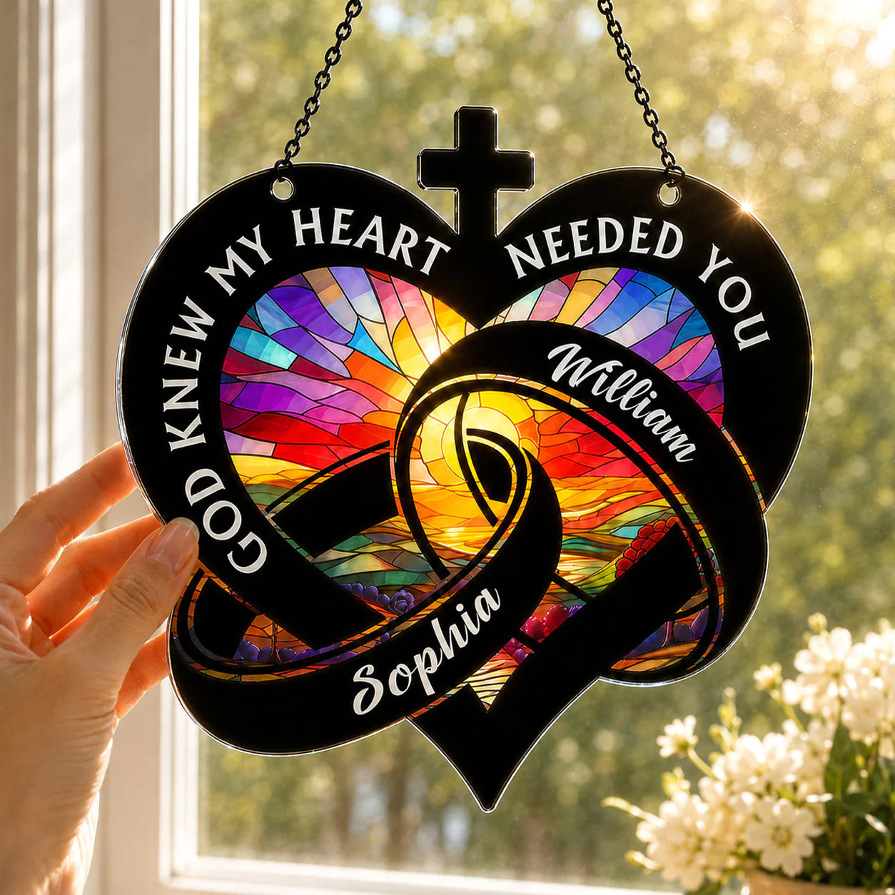 Personalized Christian Heart Suncatcher personalization view for Wife