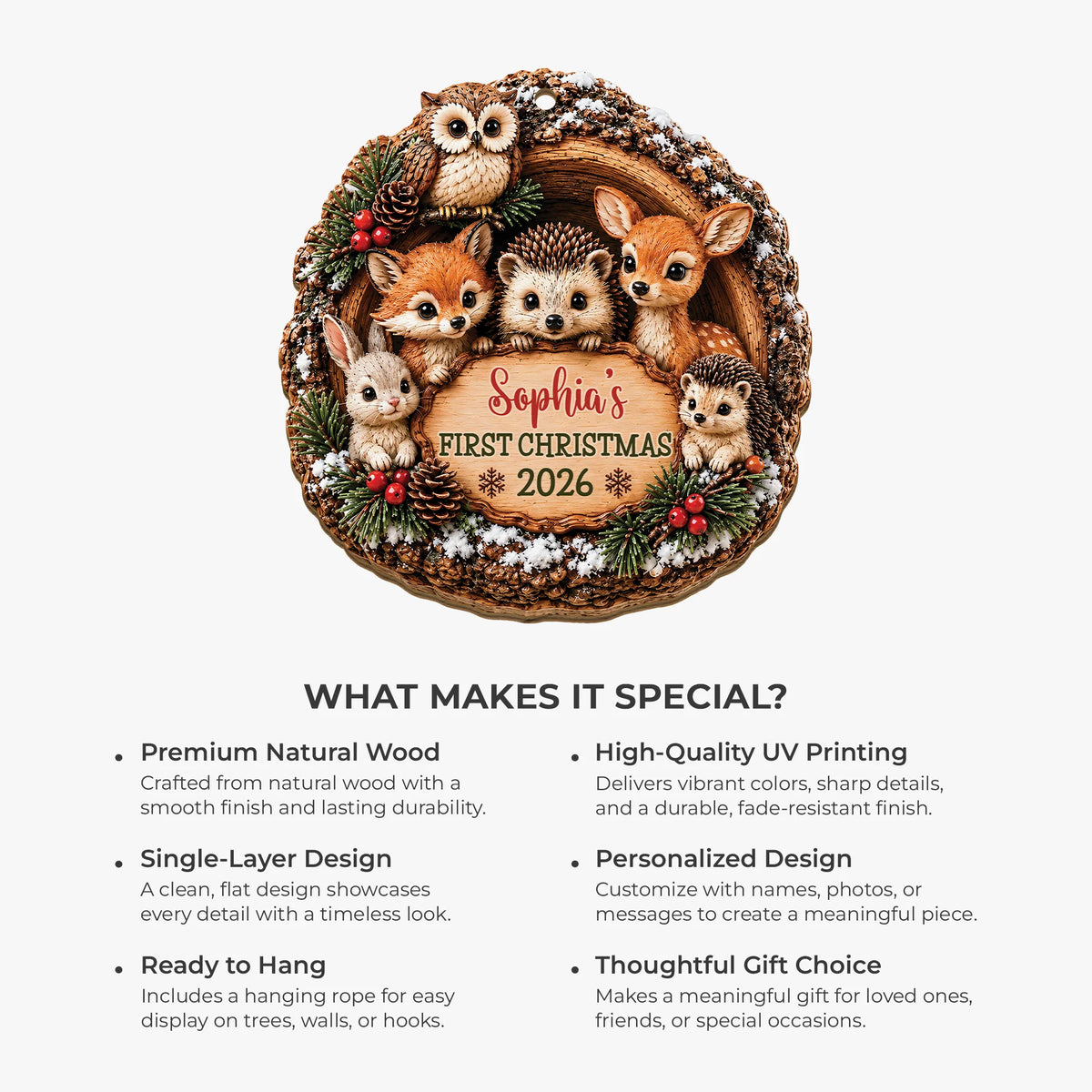 Baby’s First Christmas Custom Name Wooden Ornament - Personalized Woodland Animals Keepsake Gift for Baby