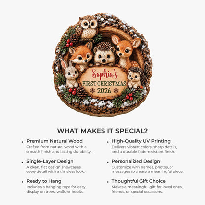 Baby’s First Christmas Custom Name Wooden Ornament - Personalized Woodland Animals Keepsake Gift for Baby