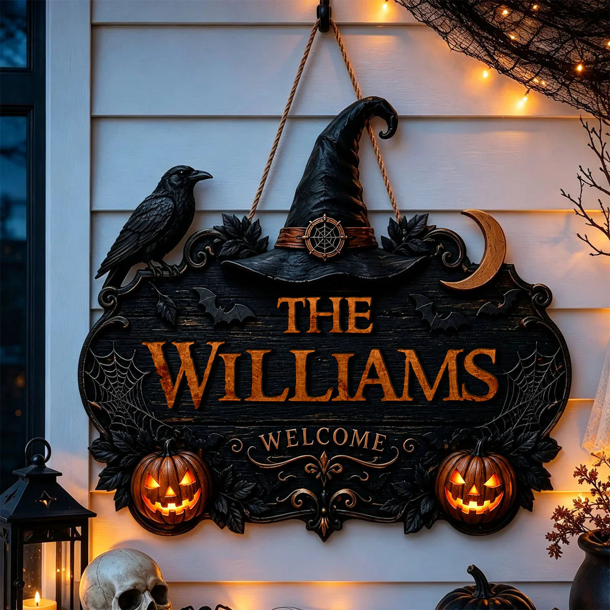Personalized Halloween door sign with custom family name, witch hat, crow, and glowing jack-o-lanterns for porch decor