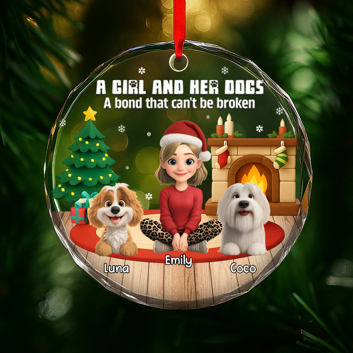 A Girl And Her Dogs Personalized Glass Ornament - Dog Lovers Christmas Tree Keepsake