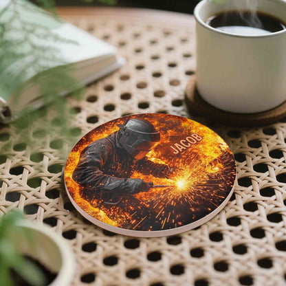 Custom Welder Ceramic Coaster personalization view for Dad