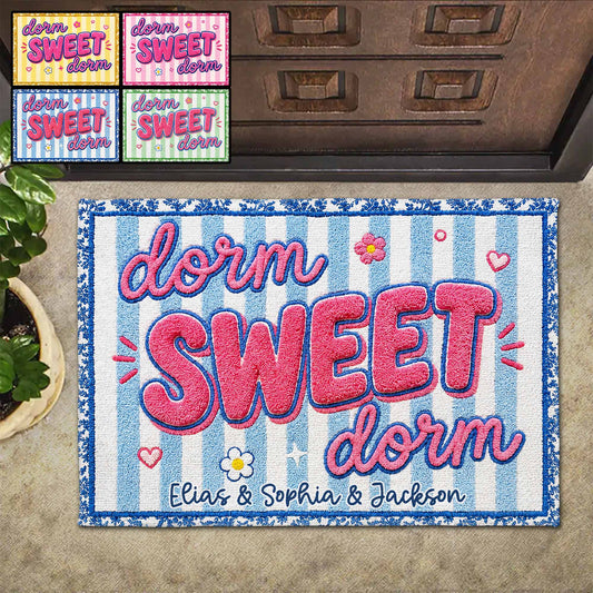 Personalized dorm sweet dorm doormat with colorful stripes and custom roommate names for college decor